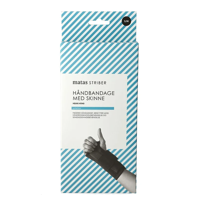 Spar 20% • Køb 2, Matas Striber Håndbandage med Skinne Sort Højre S/M, Medicin & Pleje, Støttebind, Håndledsstøtte