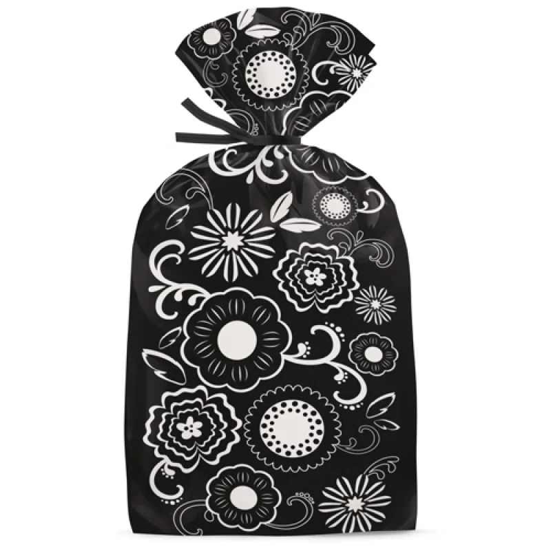 Cellofanpåsar svart och vita blommor 20-pack - Kalaslagret.se
