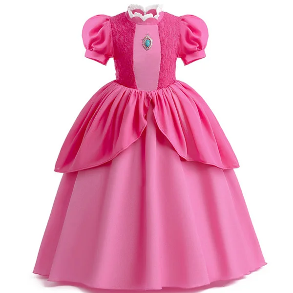 Prinsesse Peach-kostume til kvinder, piger Prinsesse Peach-kjole med krone og øreringe, egnet til en højde på 120 cm-FX-