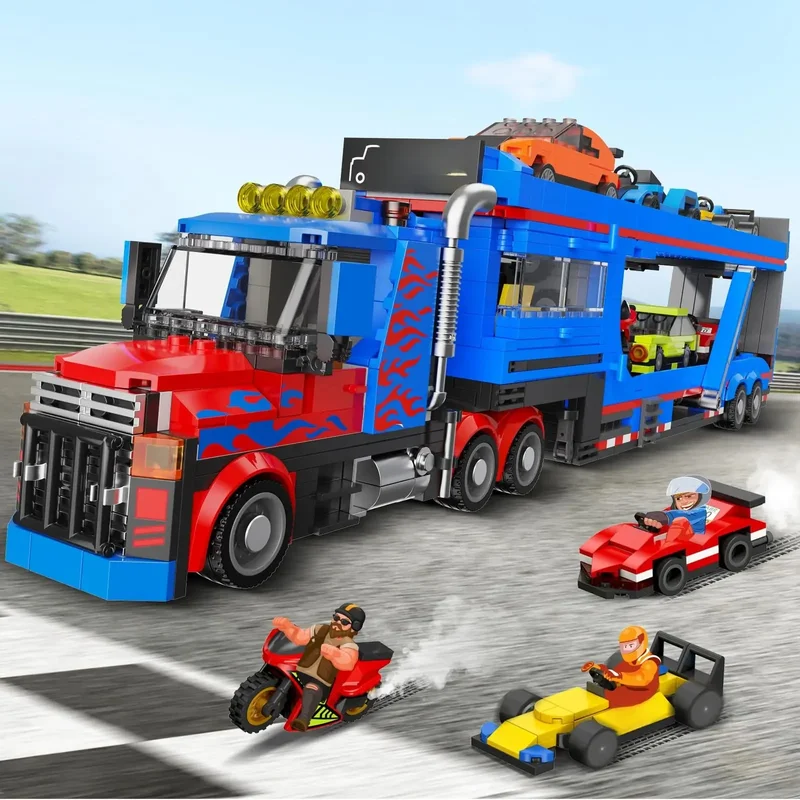 AliExpress - Ensemble de construction de camion transporteur de ville avec 7 voitures, semi-camion de remorquage à rampe de chargement réglable avec 