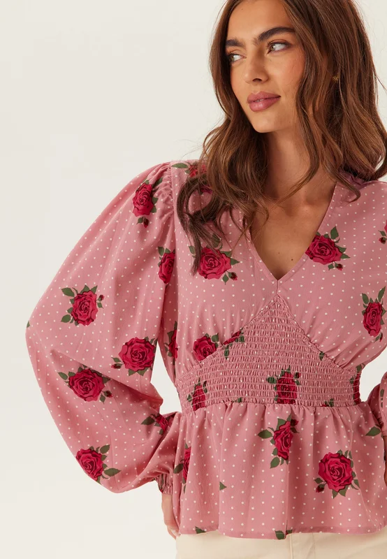 BUBBLEROOM-V-neck Smock Blouse-Pink/Patterned