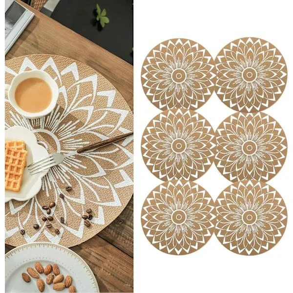 Sett med 6 Boho PVC Runde Bordbrikker for Spisestue Mandala Bordbrikker Vaskbare Varmebestandige Bordbrikker Jute Retro Borddekorasjon