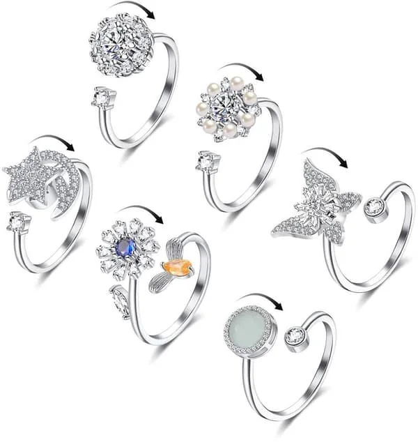 Justerbar Antistressring I Koppar, 6-Pack, Roterbar Fidget Ångest Ringar, Justerbara Ringar Set, Fidget Ringar Ångestpärlband, Justerbara Ringar Set