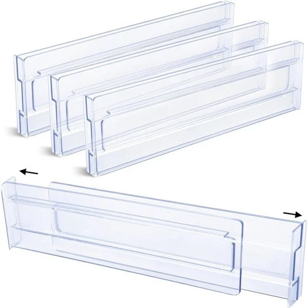 Set med 4 justerbara lådavdelare i plast (5-9" - 8-12") - Transparenta lådavdelare
