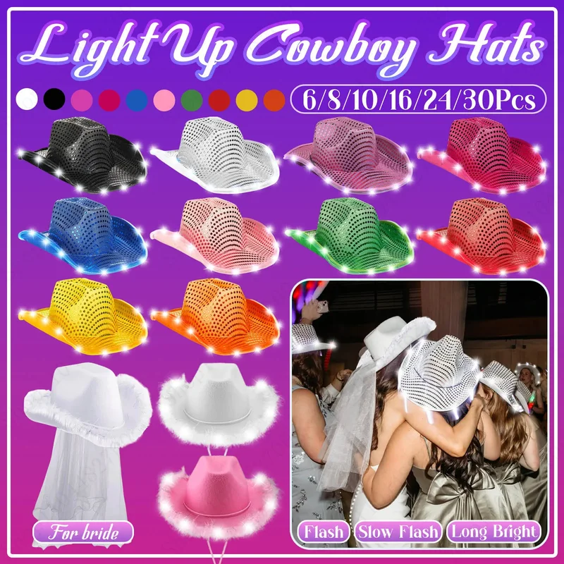 AliExpress - 6-30 pièces LED chapeaux de Cowboy chapeaux de mariage en vrac éclairer chapeaux de Cowboy chapeaux de fête faveur de fête de mariage 