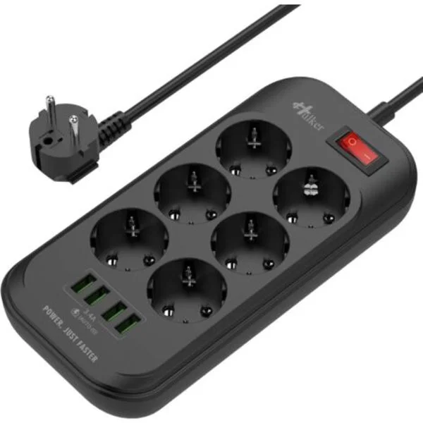 USB-grenuttag med 6 uttag, 4 USB-portar, överspänningsskydd, grenuttag med 2m sladd, EU-kontakt