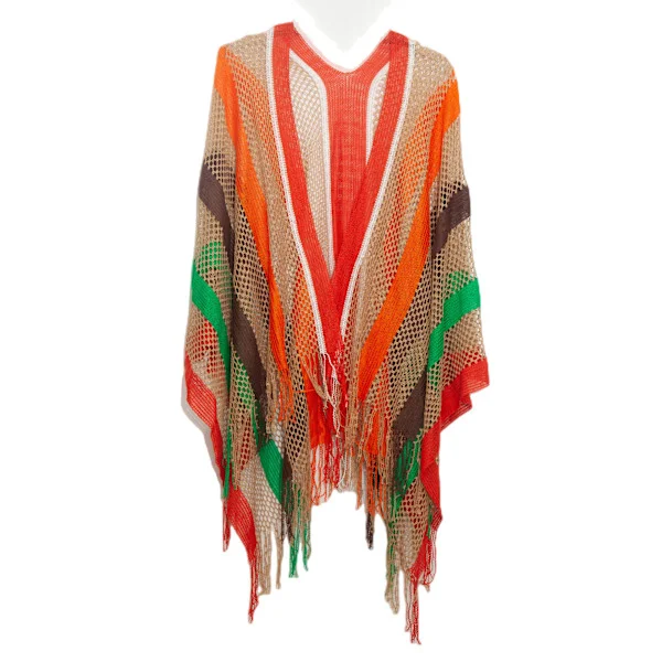Frynset hæklet cardigan strandovertræk til kvinder, udhulet badetøjsoverlejring med farverige cirkelsømme, boho sommertunika til poolen eller ferien