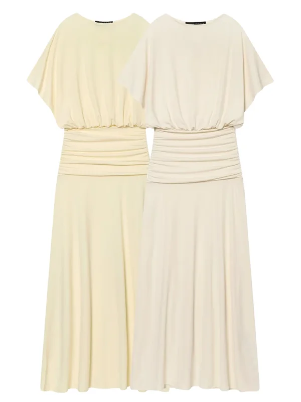 AliExpress - BSAY Maxi-jurk met ruches in de taille, korte mouwen, ronde hals, casual Franse elegante lange jurken, zomerfeestjurken