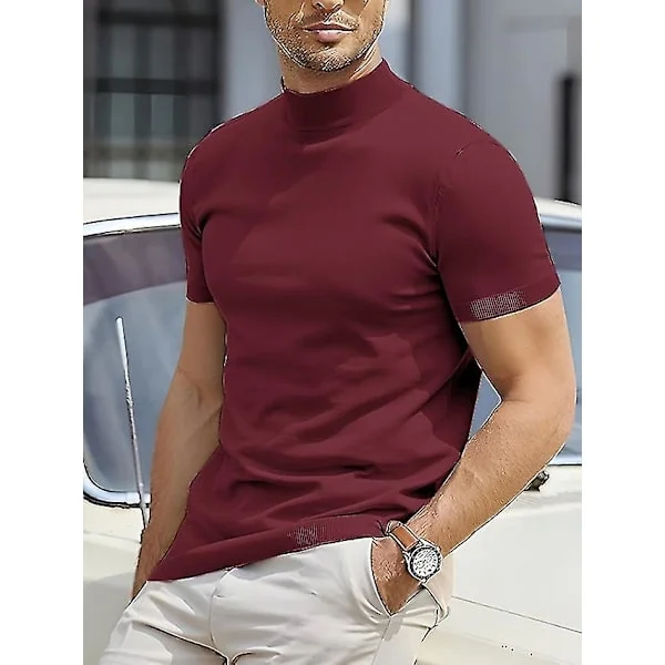 Herre T-shirt Tee Top Ensfarvet Rullekrave Gade Ferie Korte Ærmer Beklædning Designer Basic Moderne Nutidig.XXL.Vinrød