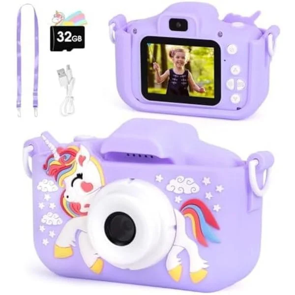 Barnkamera, 1080P HD 2.0 tums skärm Barn Digitalkamera med 32GB SD-kort, Portabel Digital Videokamera för Barn med Silikonfodral