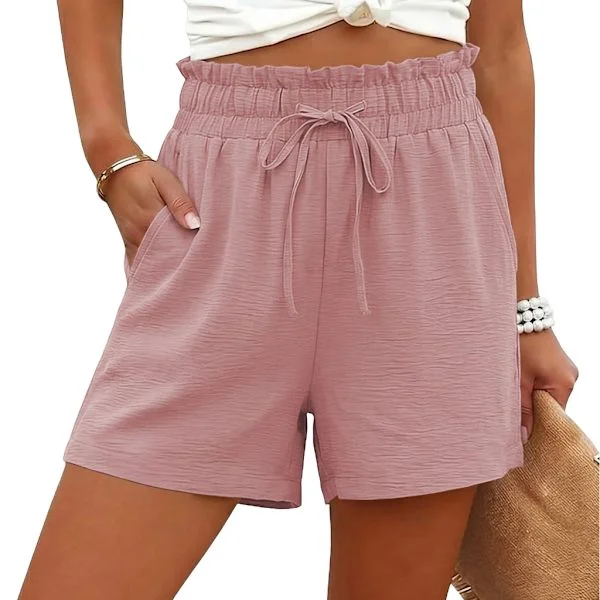 Shorts til kvinder Afslappede høje brede ben shorts med snøre Strandferie tøj pink