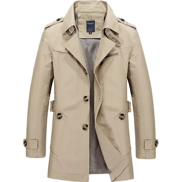 Slim Notch Collar Single Breasted Cotton Jacket Men's Office Trench Coat Light Khaki