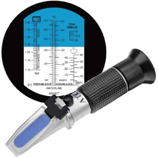 4-i-1 refraktometer for etylenglykol, propylenglykol frostvæske, for kjølevann, spylervæske, AdBlue, batteri (DB)