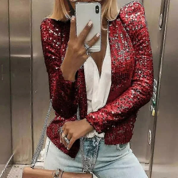 Kvinners Cardigan Lang Erme Skinnende Sekvensjakke Åpen Front Casual Damejakke