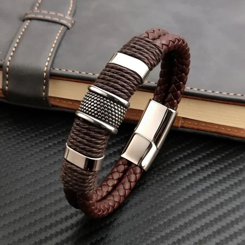 AliExpress - Luxus Vintage Multilayer Braun Leder Edelstahl Männer Armband Perlen Armband Schmuck Männliche Handgelenk Armreif Weihnachten Geschenke