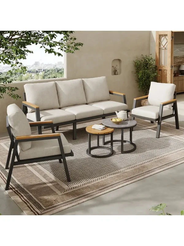 AliExpress - Garten-Lounge-Set 3-Sitzer-Sofa 2 Sessel 2 Couchtische Verzinkter Stahl Marmor & Kunststoffholz-Tischplatte für Draußen