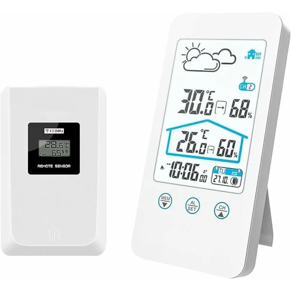 Trådlös väderstation, inomhus trådlös digital inomhus termometer hygrometer barometer väderstation klocka med utomhussensor (vit)