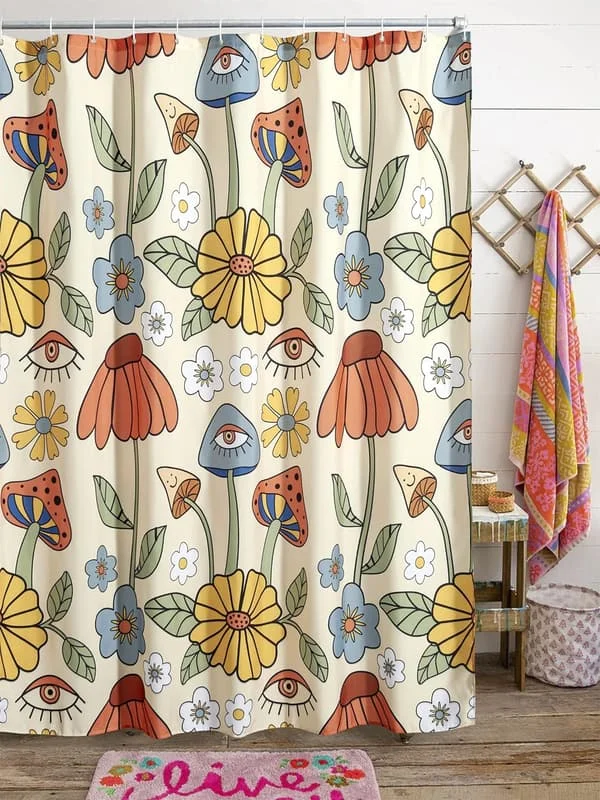 180*180cm Retro 70s Shower Curtain Psychedelic Floral Yellow