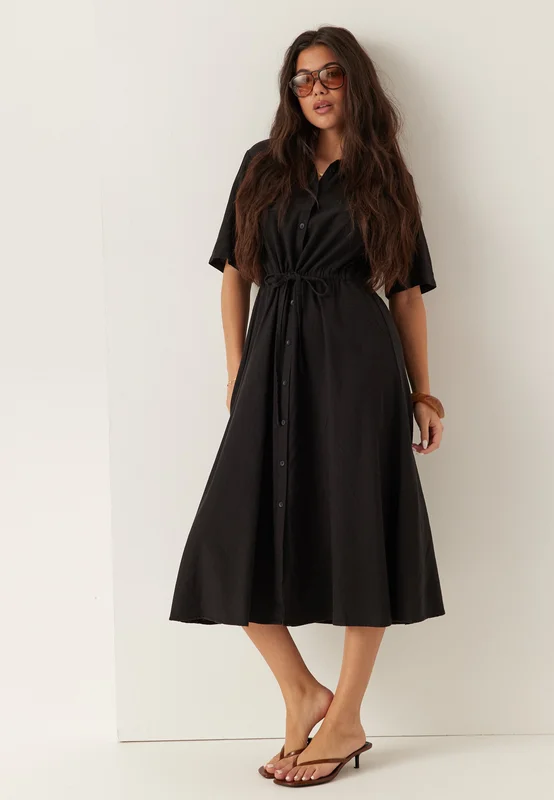 BUBBLEROOM - Linen Shirt Dress - Black - Skjortklänning