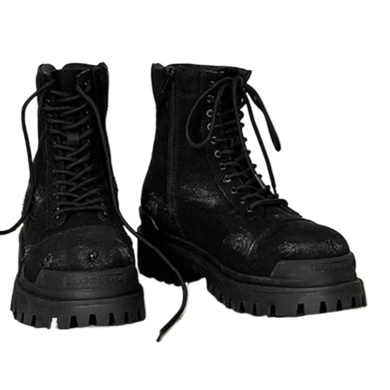 AliExpress - Herren Distressed High-Top Motorradstiefel Vintage Schnürstiefel mit Reißverschluss Dicke Sohle Rutschfeste Schwarze Biker-Schuhe
