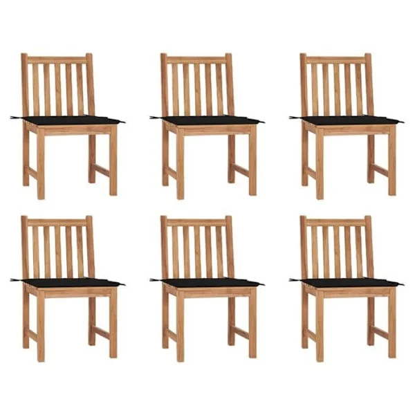 Havestole - Eksklusivt Hus - Massiv Teak - Sæt af 6 med puder - Sorte puder 3 cm