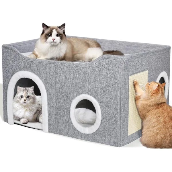 Kattsäng för Innekatter, Hopfällbart Katthus med Kubformade Kattsängar - Stor Mjuk Katthåla med Klösbräda, Täckt Katt