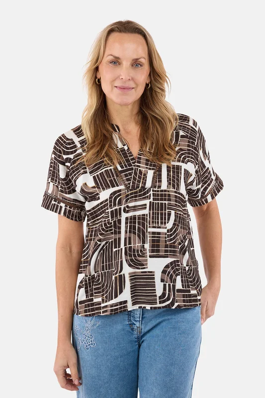 BRANDTEX - Kortærmet Bluse - Brun - Grafisk Print