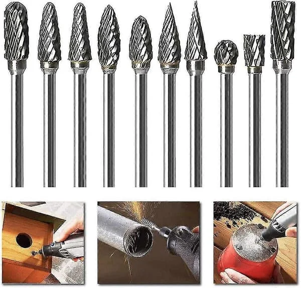 Fresesett for Dremel, dobbeltkutt karbid slipebits sett med 1/8" skaft, sølv, 10 stk