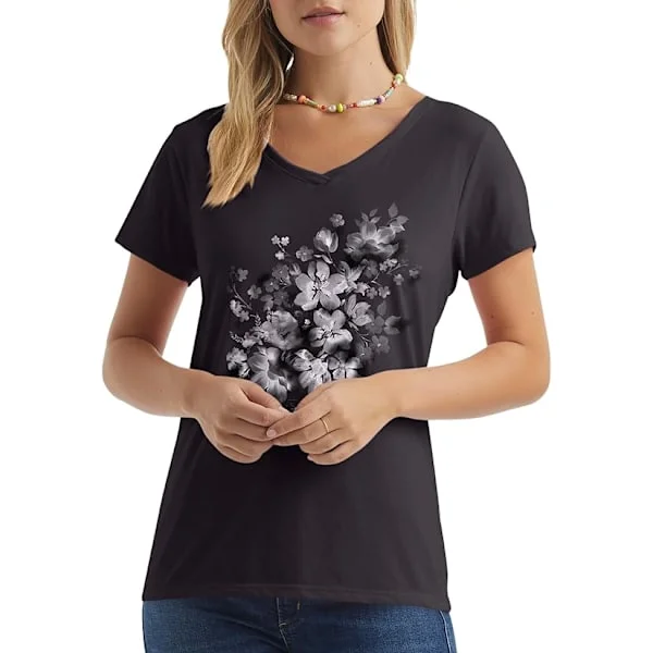Dam T-shirt med kort ärm och V-ringning med tryck