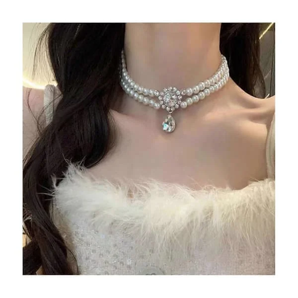 Faux Perle Choker Halskæde Kvinder Elegant Hvid Faux Perle Halskæde Mousserende Rhinestone Choker til