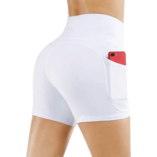 Yogashorts, dameshorts, sidelommer med telefonlomme, høj talje, yoga fitness, træningsbukser, underdele, hvid (S) S S