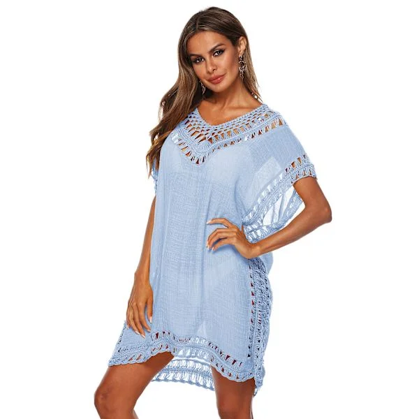 Kvinners heklede ermeløs V-hals bluse, perfekt for reiser eller bading på stranden (himmelblå, one size fits all)