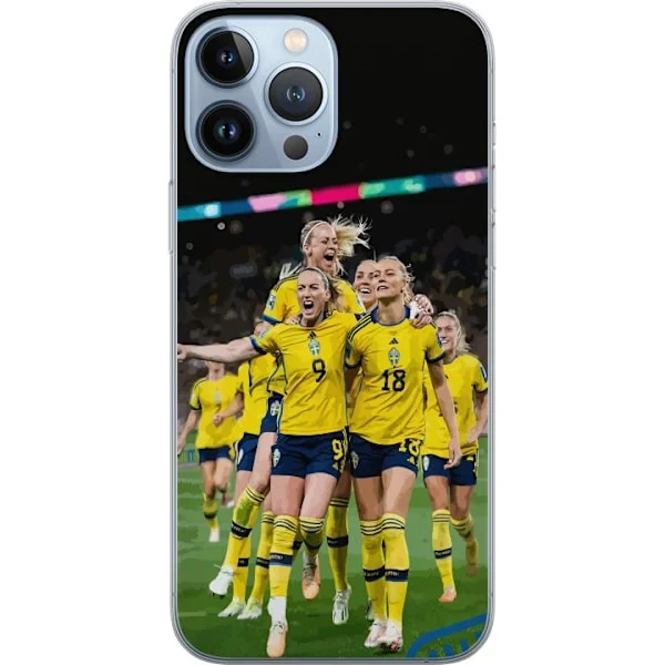 Kompatibel Mobilcover til Apple iPhone 13 Pro Max Svenske kvindelandshold fejrer sammen efter et mål i blå og gule farver og stærk holdånd.