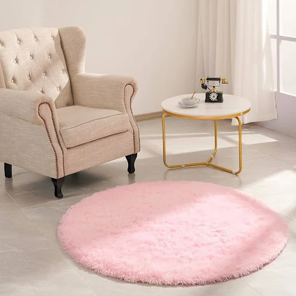 Rund Matta 100 CM Rosa Flickrum Matta Tvättbar Halkfri Ultramjuk Fluffig Stor