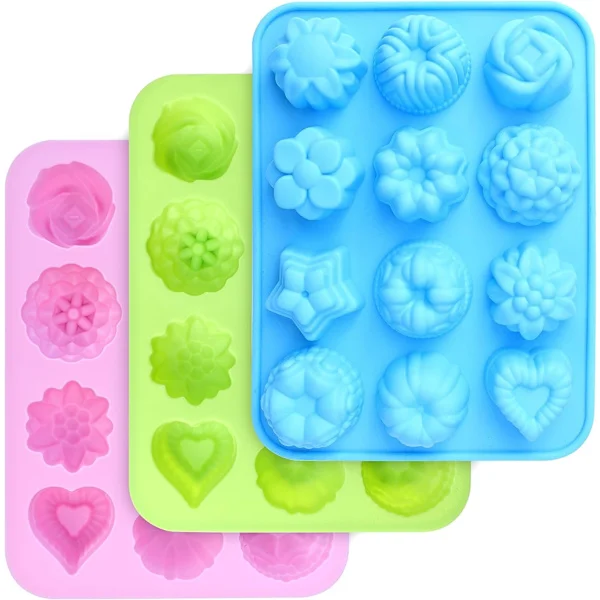 Silikonformar för blommor i livsmedelskvalitet, bakform med blommor och hjärtform, 3-pack non-stick-godkända silikonformar för godis, gelé, isbitar