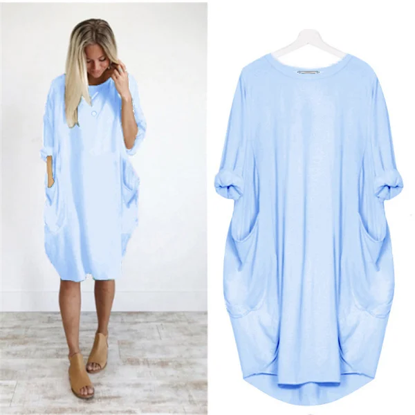 Women's Oversized Tunic Dress Long Sleeve Loose Baggy T-Shirt Sky Blue
