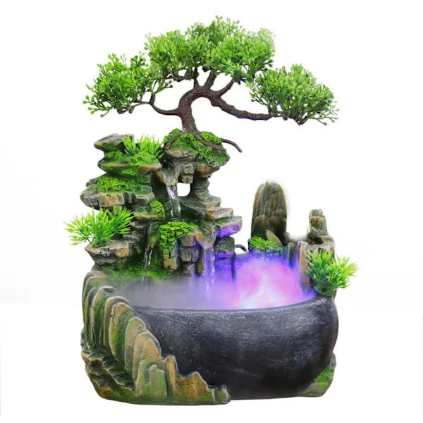 Mini Bordsfontän med Stenparti, Vattenfall med Automatisk Pump och LED-belysning, Inomhus, Bonsai Resin Art, Hemmakontor