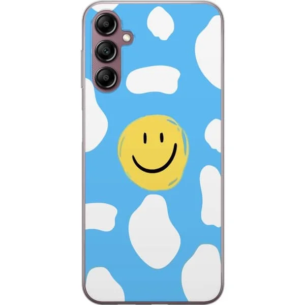 Kompatibelt Mobilskal till Samsung Galaxy A14 5G Glad smiley bland vita moln på blå bakgrund, lekfullt och positivt motiv för alla åldrar