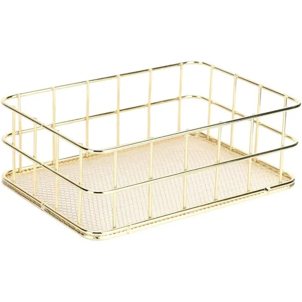 Storage Baskets Gold, Gold Metal Basket Multifunctional Golden Iron Storage Basket Wire Mesh Desk Storage Organizer, 24*16*6.6CM