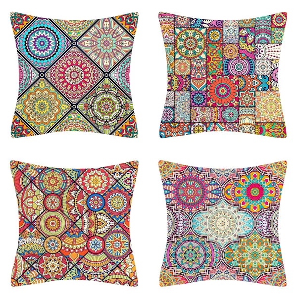 Putevar 40 x 40 cm Sett med 4 Hippie Bohemsk Mandala Blomstermønster Putetrekk Bomull Lin Putevar