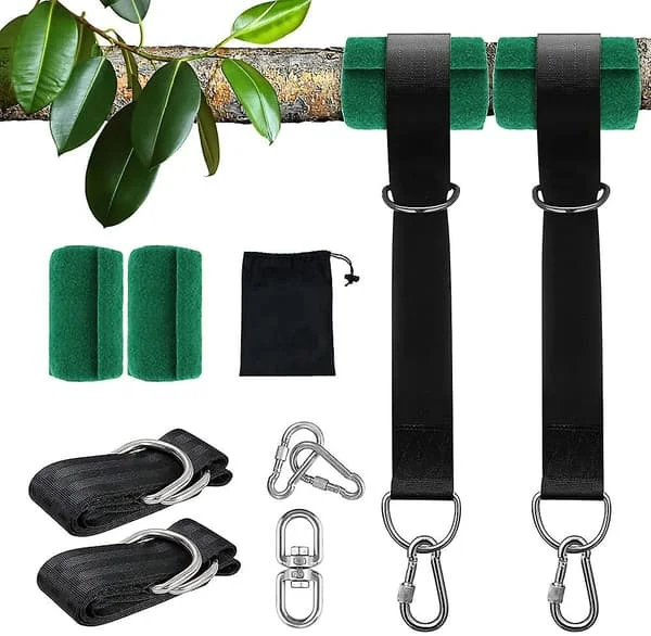 Trädgunga Hängande Remmar Kit 2x5ft Heavy Duty Gunghängare med Karabiner, Trädskydd och Vridbar Haka