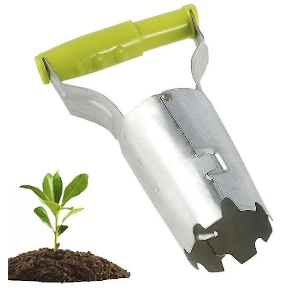 Lysegrønn transplanteringsverktøy for planting av pærer, jord og grønnsaker med dybdemar.