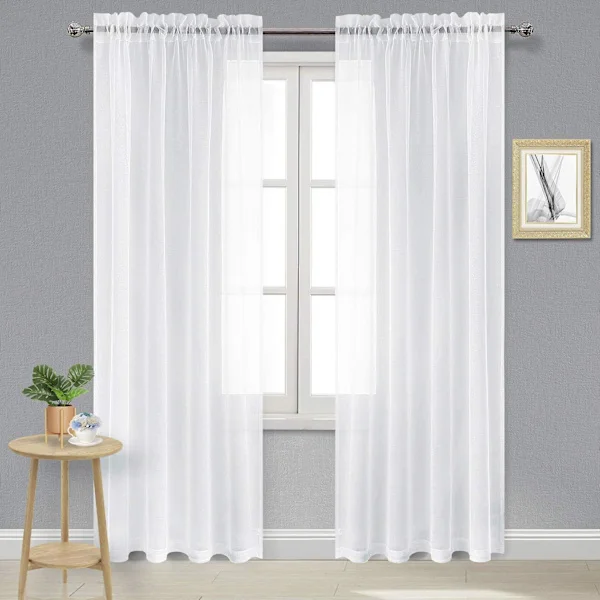 Vita tyllgardiner, halvtransparenta gardiner med stångficka för sovrum och vardagsrum, 132 x 213 cm långa, 2-delars set