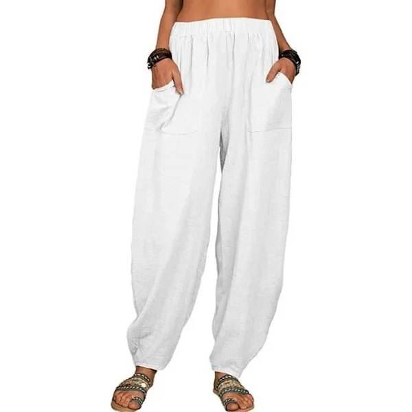 (xxxxxl-hvid) Kvinders hør-bukser med brede ben, plus size bomulds-bukser med flydende pasform, lette harem-bukser med lommer, smarte hvide bukser