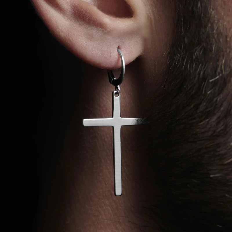 Sentio | Silver-Tone Stainless Steel Hanging Cross Hoop Earring for Men - Cross earrings