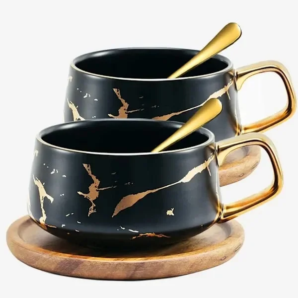 2 Pcs Teacup and Saucer Set, Porcelain Espresso Coffee Cup Set, with Saucer and Spoon, Ceramic Mugs for Home, Restaurants - Black, 300 ml
