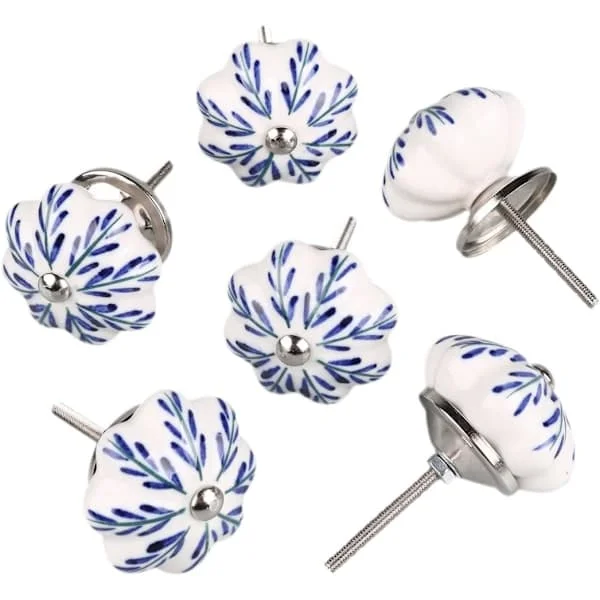 6 stycken Vintage Shabby Knoppar Vita och Blå Blommiga Handmålade Keramiska Pumpa Skåp Garderob Låda Dörrhandtag Drag Knoppar Blå, Vit-FX-