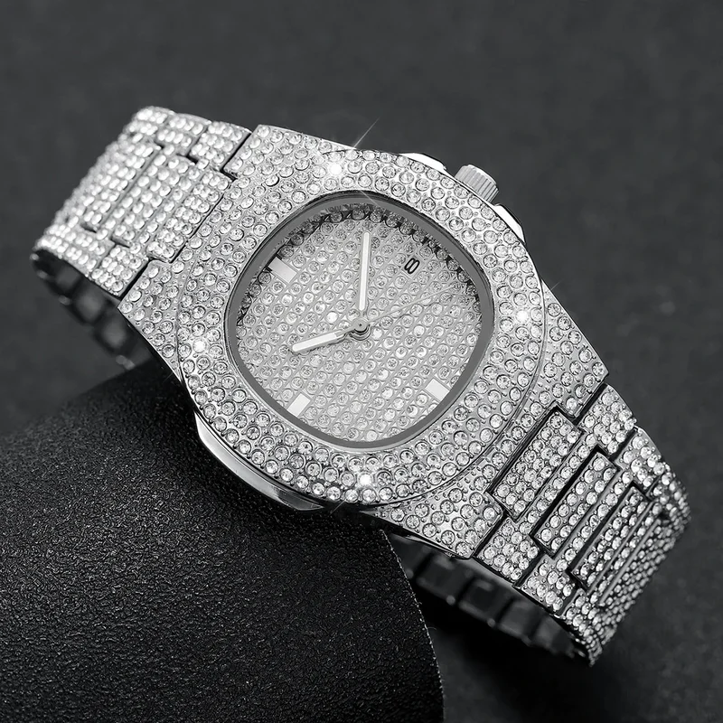 AliExpress - Montre-bracelet à quartz en acier inoxydable pour homme avec calendrier, montres de sport pour homme, diamant complet, luxe