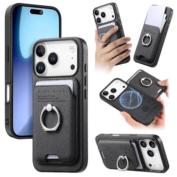 Svart PU-skinn magnetisk kortholder telefondeksel kompatibel med iPhone 17 Pro