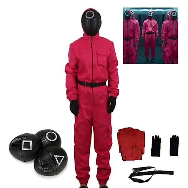 Voksne Barn Unisex Squid Game 2 Kostyme Cosplay Jumpsuit + Squid Game Maske Halloween Antrekk Gaver Party rød + trekantmaske